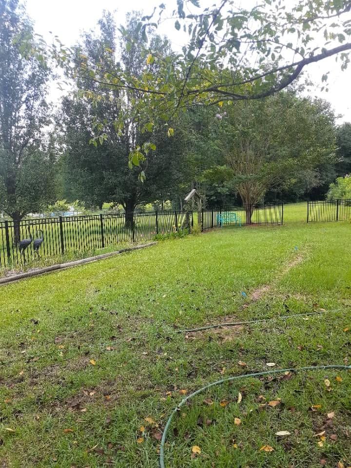 Black aluminum fence enclosing a large landscaped backyard