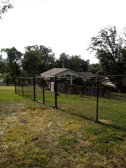 Black vinyl coated chain link enclosing a country yard