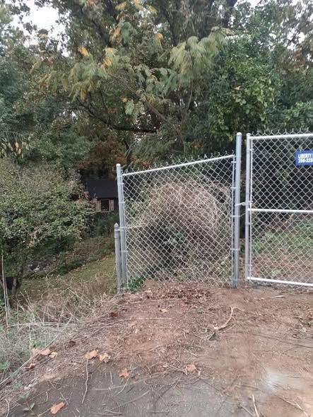 Galvanized chain link fence and gate on a wooded lot